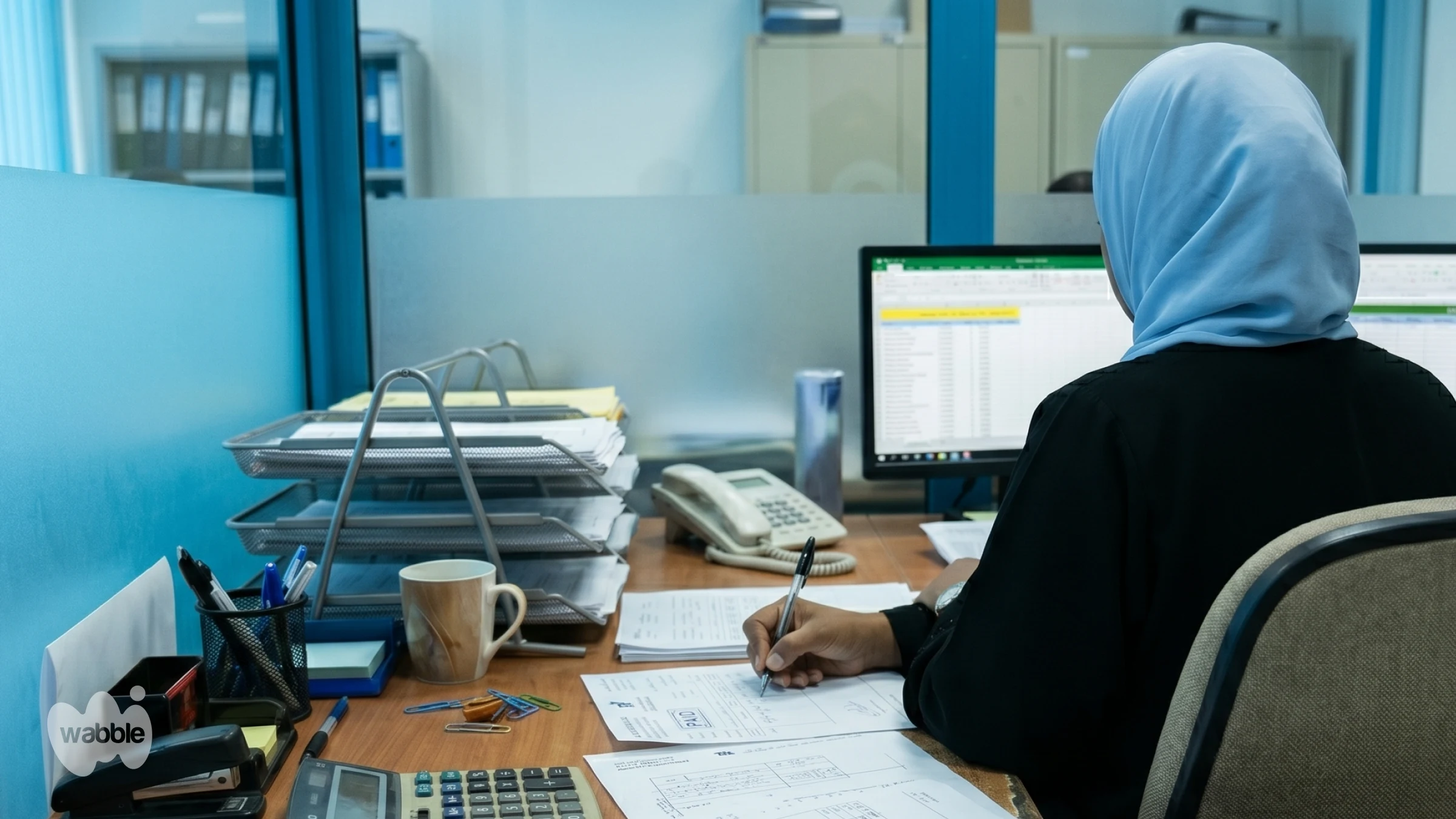 A woman wearing a light blue headscarf sits at an office desk, reviewing paperwork and writing notes while working at a computer displaying a spreadsheet. The desk contains document trays, office supplies, a calculator, and a telephone. The workspace is separated by glass partitions, creating a professional accounting or administrative office environment.