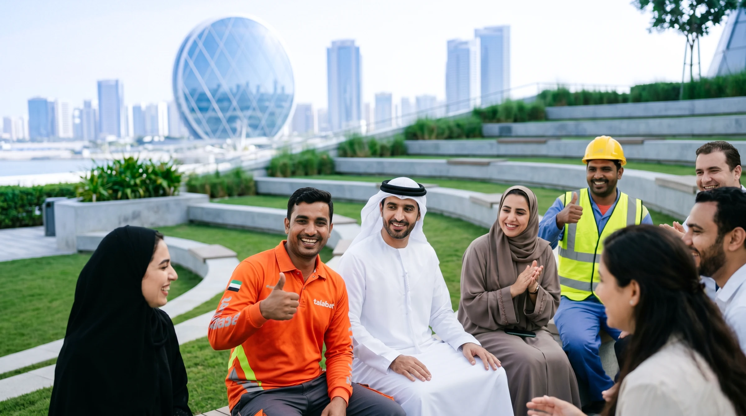 Diverse group of UAE professionals and workers gathered outdoors in a modern city setting, representing the UAE private sector workforce affected by the new salary payment regulations and Wage Protection System (WPS) compliance requirements.