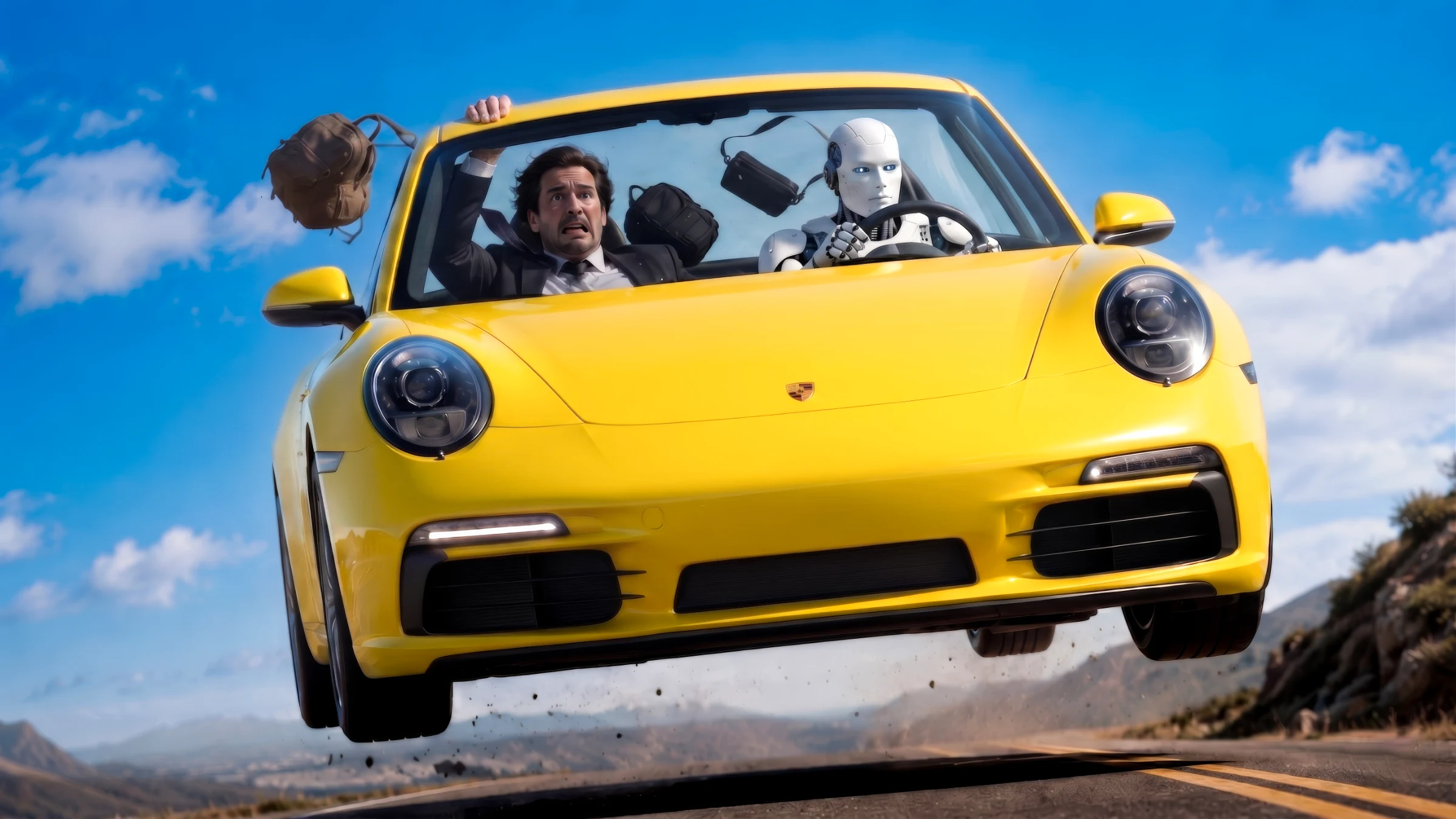 AI Robot driving a yellow sports car while a worried businessman sits in the passenger seat on a mountain road.