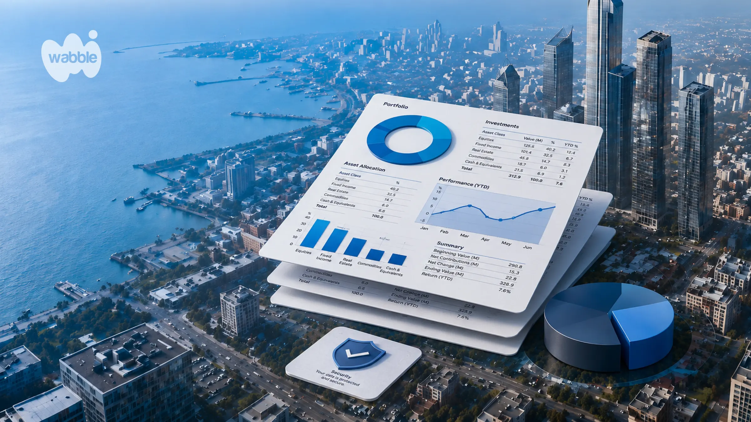 Aerial view of a modern waterfront city with a stack of oversized financial report pages floating above the skyline. The top report features a blue donut chart, bar chart, line graph, and investment tables with sharp, readable text. A large blue 3D pie chart and a security shield icon appear beside the reports, creating a futuristic visualization of financial analytics against a coastal urban backdrop.