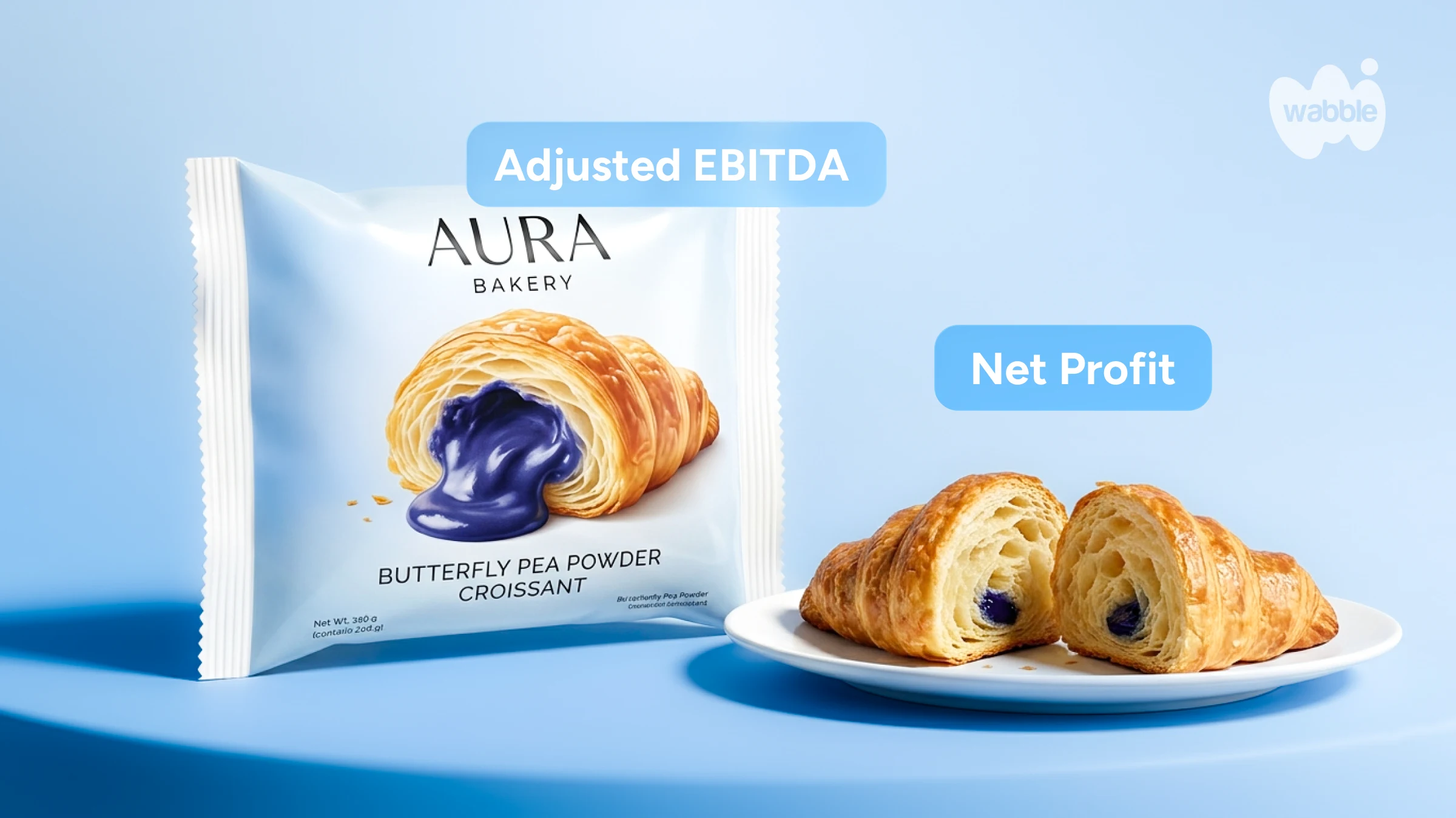 A light blue promotional graphic shows a packaged croissant on the left labeled "AURA Bakery Butterfly Pea Powder Croissant" with purple butterfly pea filling flowing from the pastry on the package design. Above the package is a blue rounded label reading "Adjusted EBITDA." On the right, two sliced croissants with a small amount of purple filling sit on a white plate beneath another blue label reading "Net Profit." A faint "wabble" logo appears in the top right corner. The image uses a clean, minimalist blue background.