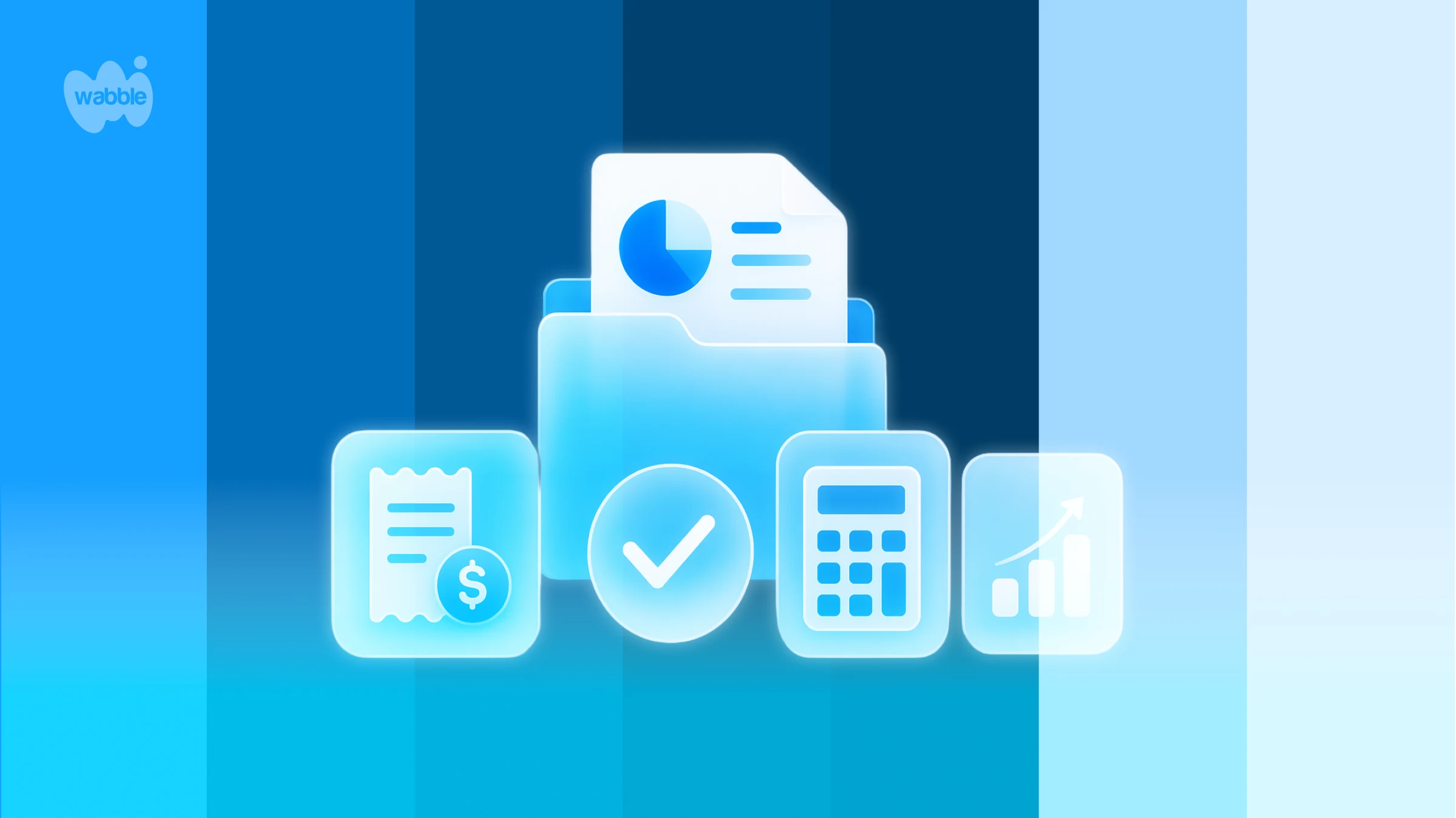 Blue gradient illustration of a folder containing financial documents, surrounded by icons for a receipt, approval checkmark, calculator, and growth chart, with vertical blue color swatches in the background and a Wabble logo in the top left.