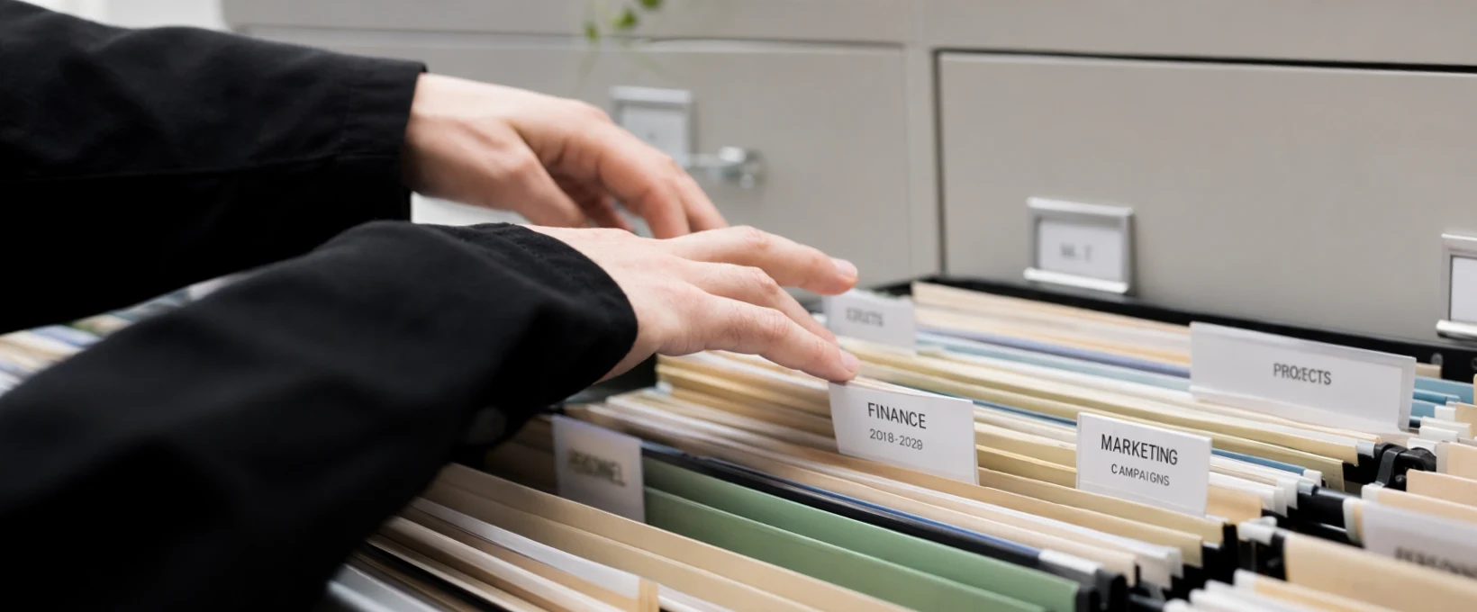 Close up of a person searching through labeled file folders in an office filing cabinet. Visible tabs include Finance, Marketing Campaigns, Projects, and Taxes, with hands sorting paper records stored in hanging folders.