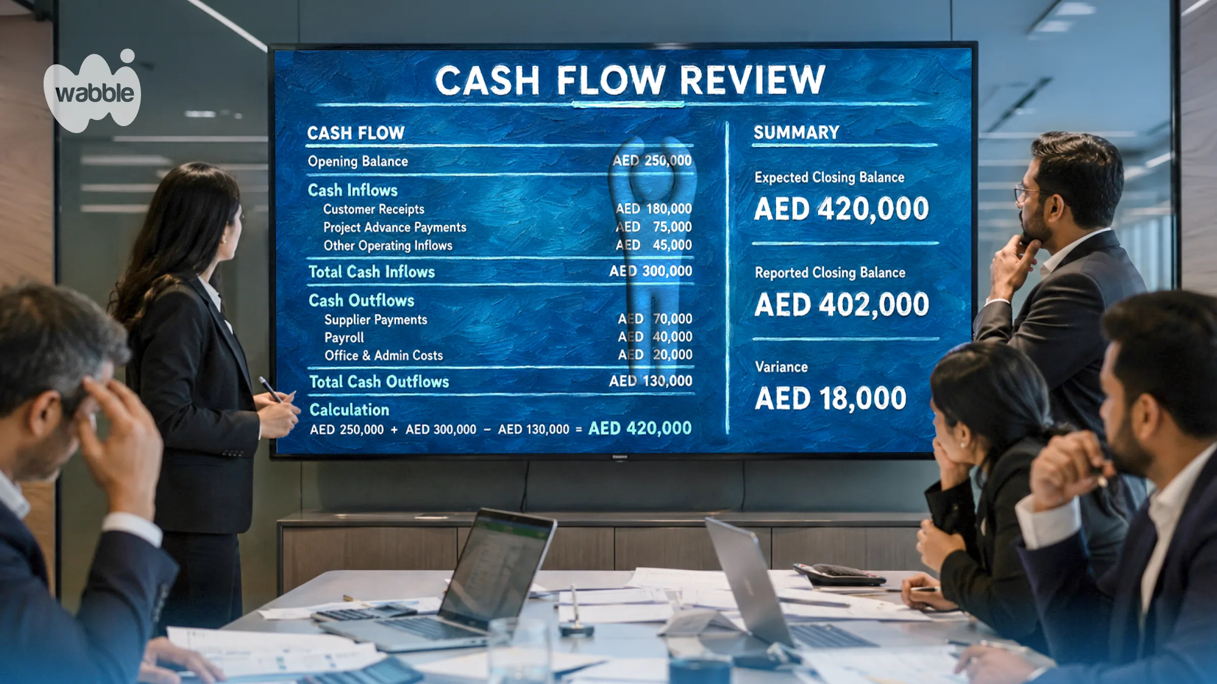 Business professionals in a conference room review a large cash flow presentation showing an opening balance of AED 250,000, total inflows of AED 300,000, total outflows of AED 130,000, an expected closing balance of AED 420,000, and a reported balance of AED 402,000, highlighting an AED 18,000 variance.